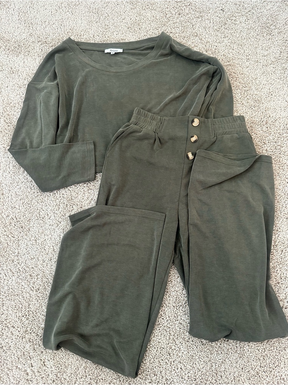 Ariose Bamboo Lounge Set Medium Olive Green Crop Top Wide Leg Pants 2 Piece